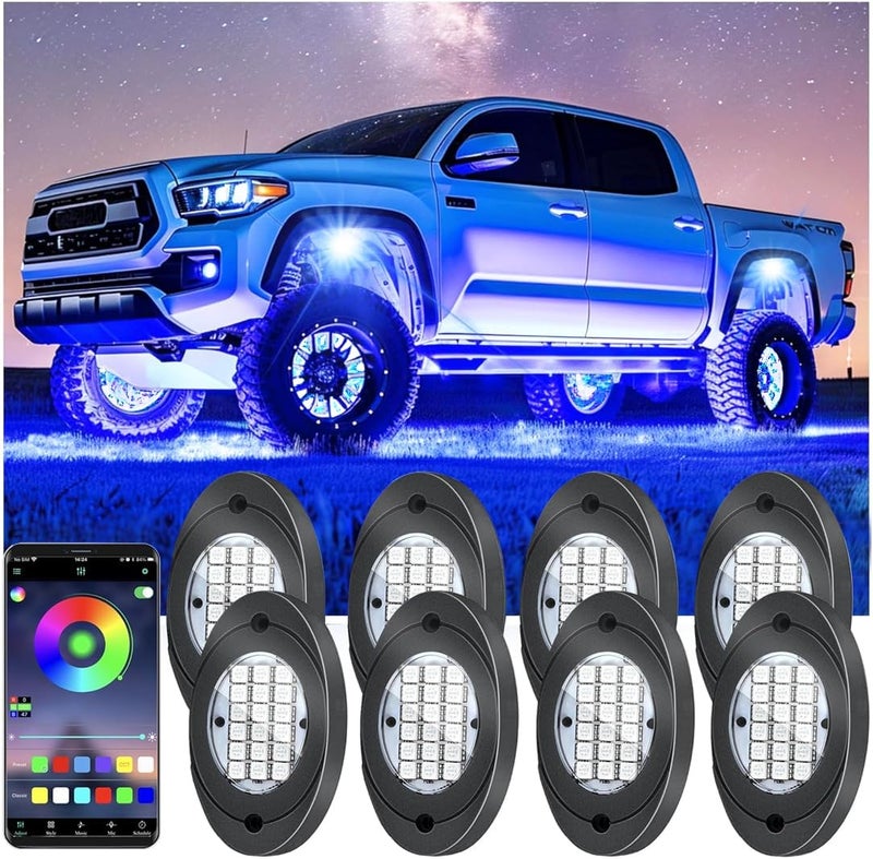 Fimker 8 Pods RGB LED Rock Lights, Underglow Multicolor Neon Light Kit Wheel Well Light with APP Control & Music Mode, Under Glow Lights for Trucks,Jeep,SUV,Golf Cart,ATV,Pickup Off Road,12 V - Image 1